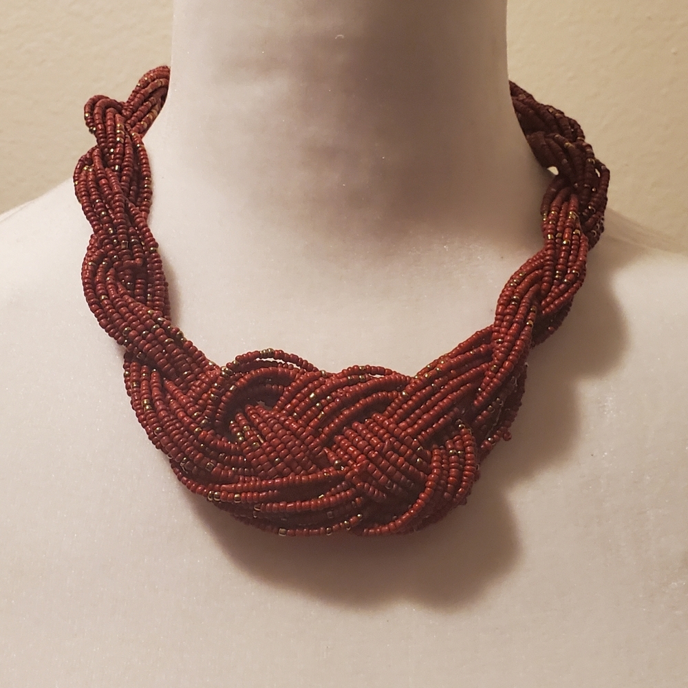 Burnt Orange and Golden Braided Seed Bead Necklace